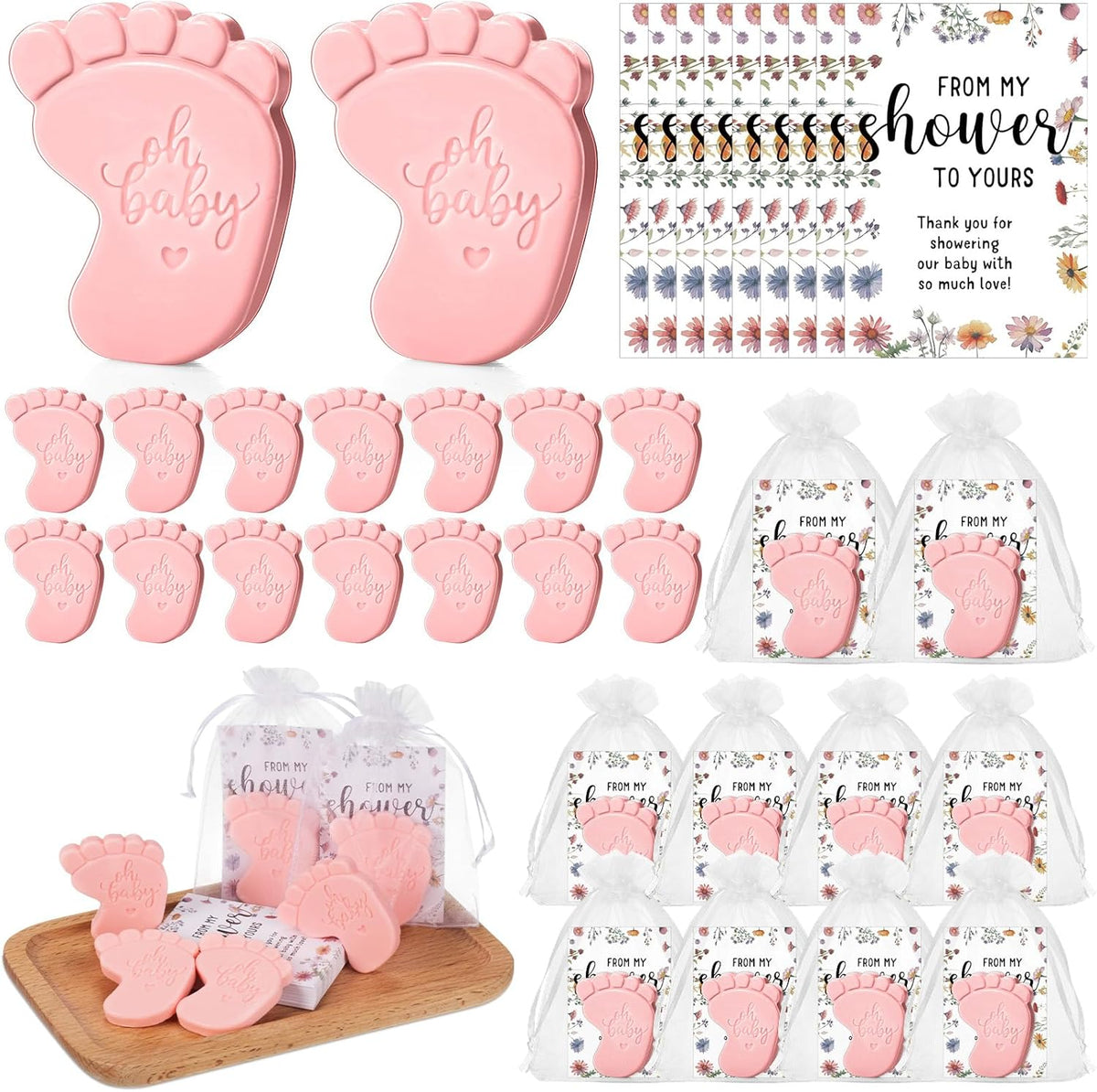 50 Sets Baby Shower Soap Favors for Guests - Mini Handmade Footprint Scented Soap with Thank You