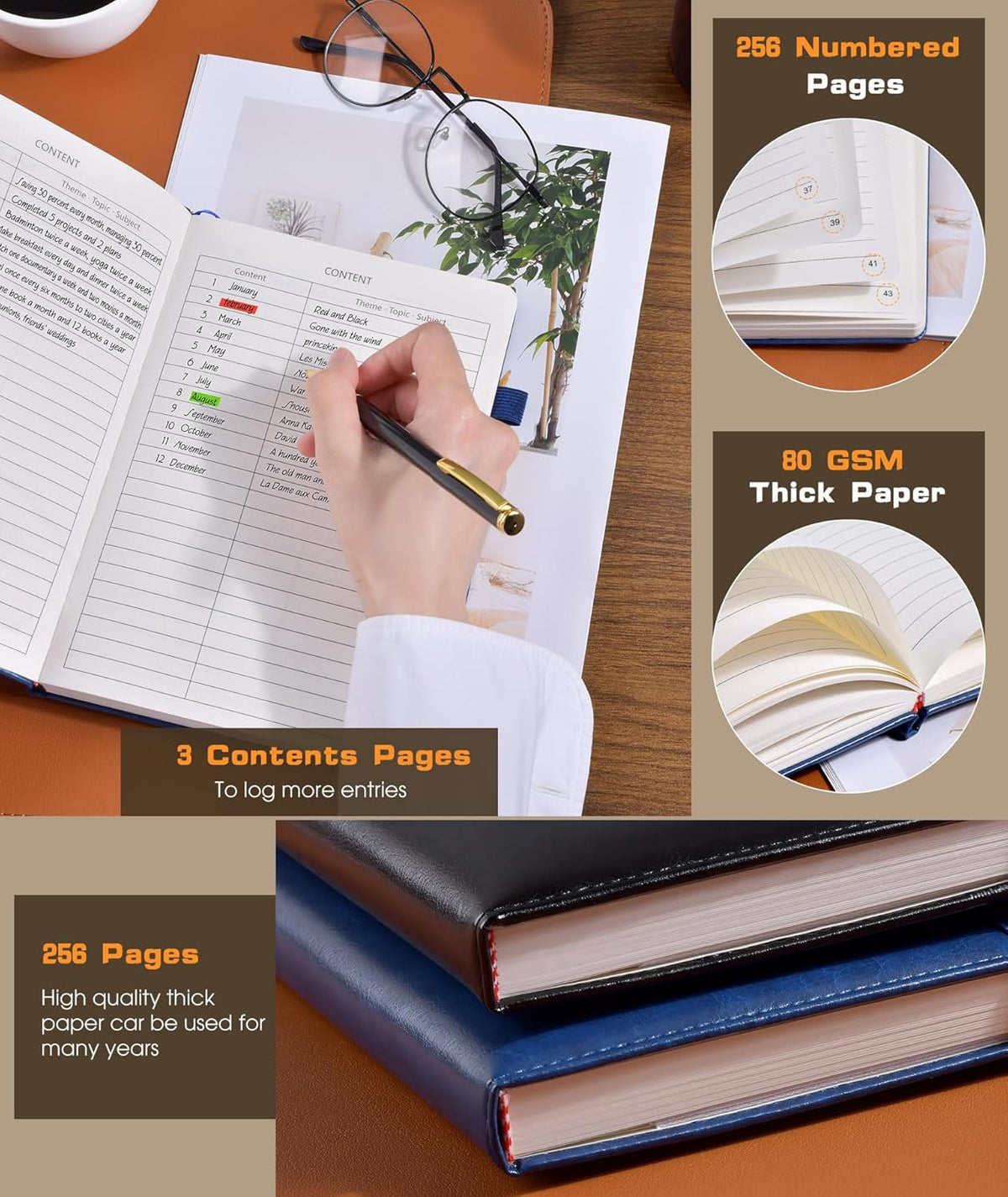 Lined Journal Notebook for Women Men, 256 Numbered Pages Hardcover Leather Journals for Writing, A5
