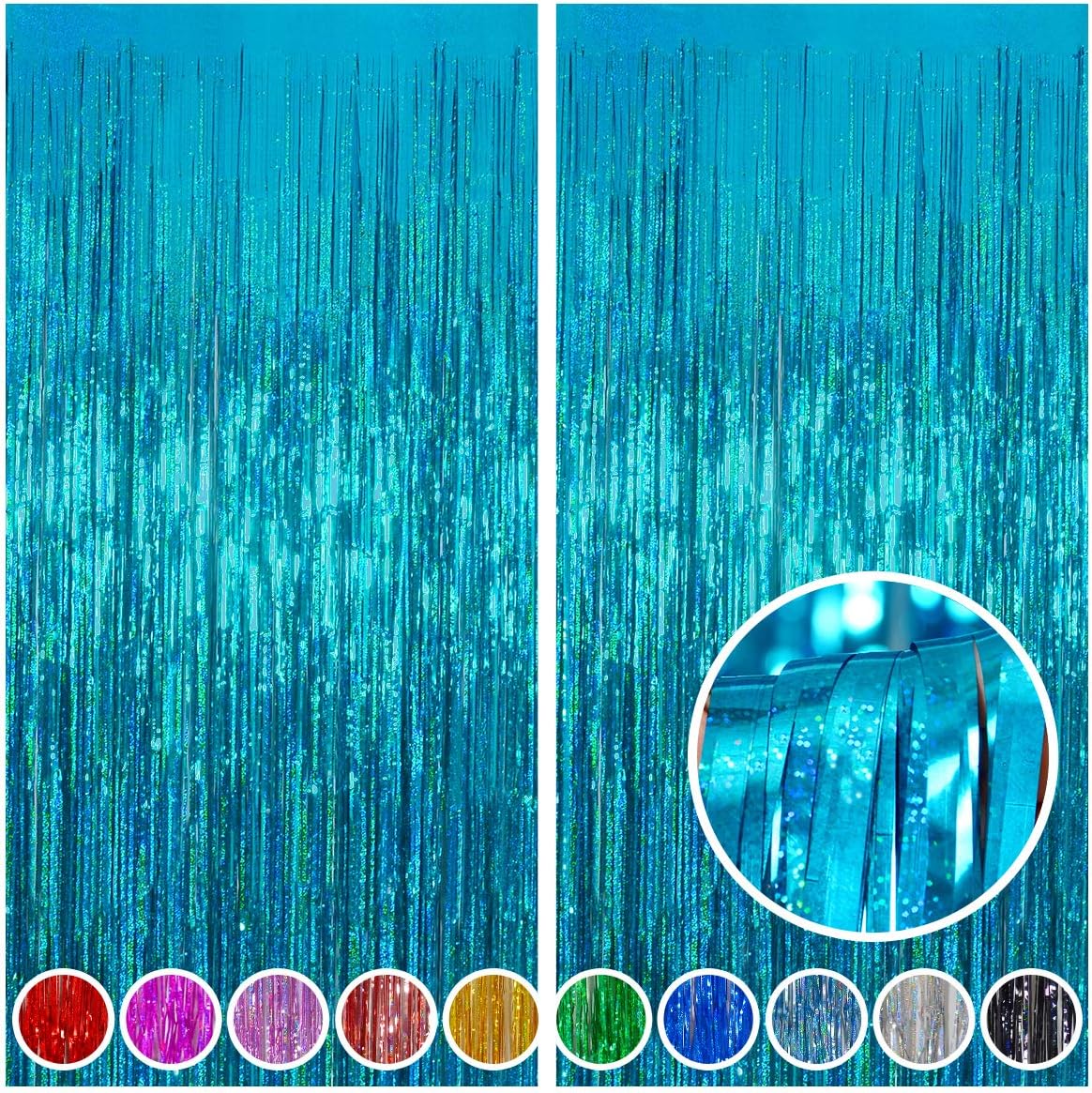 Melsan 2 Pack 3.2 ft x 8.2 ft Teal Tinsel Foil Fringe Curtains Backdrop, Sparkle Metallic Foil