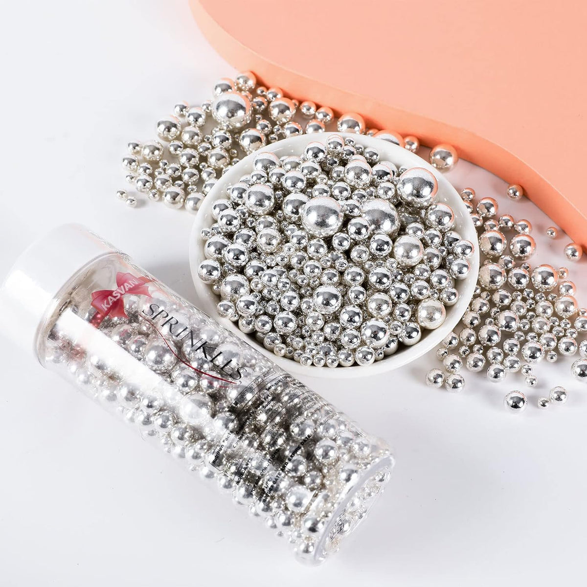 Kasvan Silver Pearl Sugar Sprinkles - Edible Candy Pearls 130g/4.58 Oz, Mix Size, Baking Cake