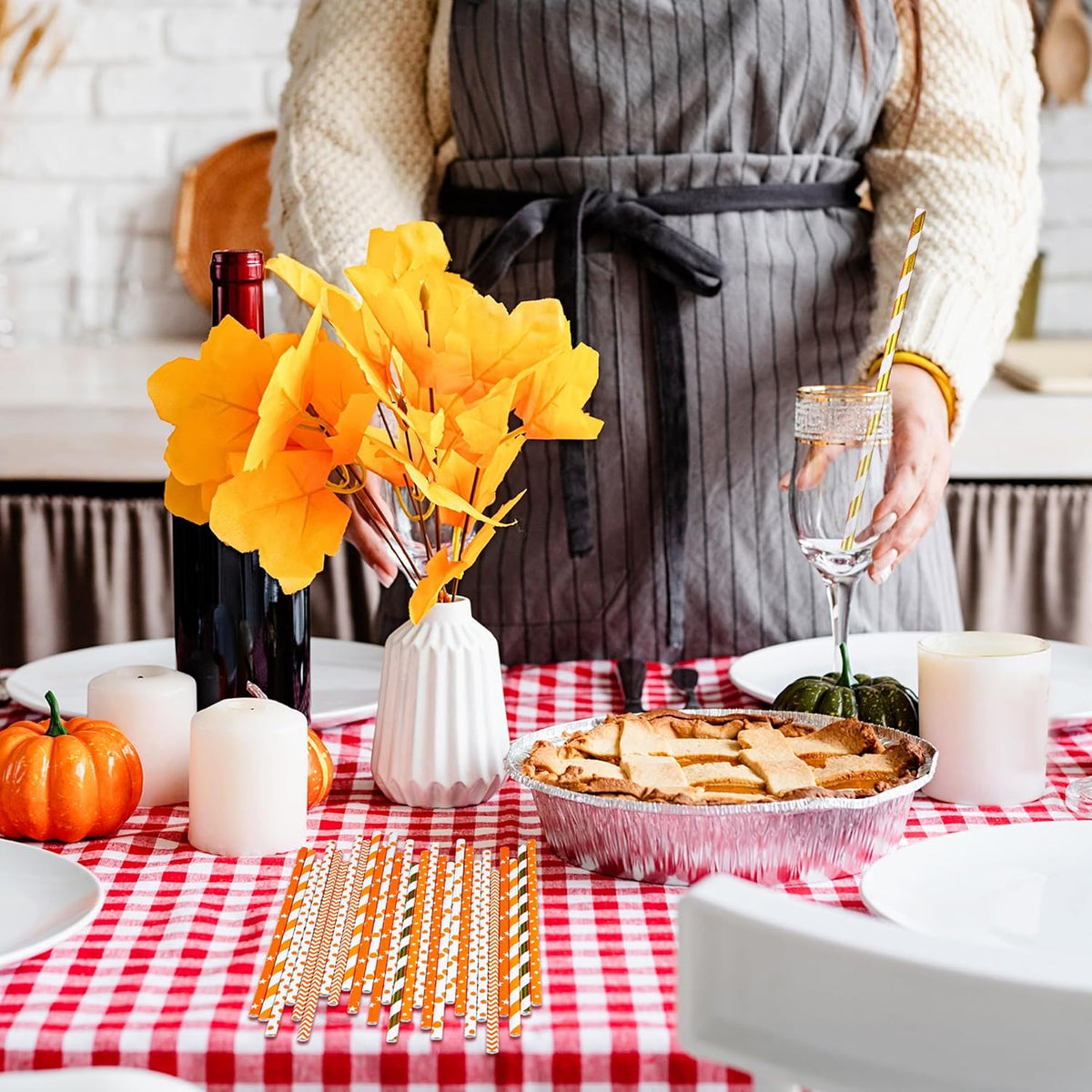 Cooraby 200 Pieces Thanksgiving Paper Straws Orange and Gold Assorted Paper Straws Biodegradable