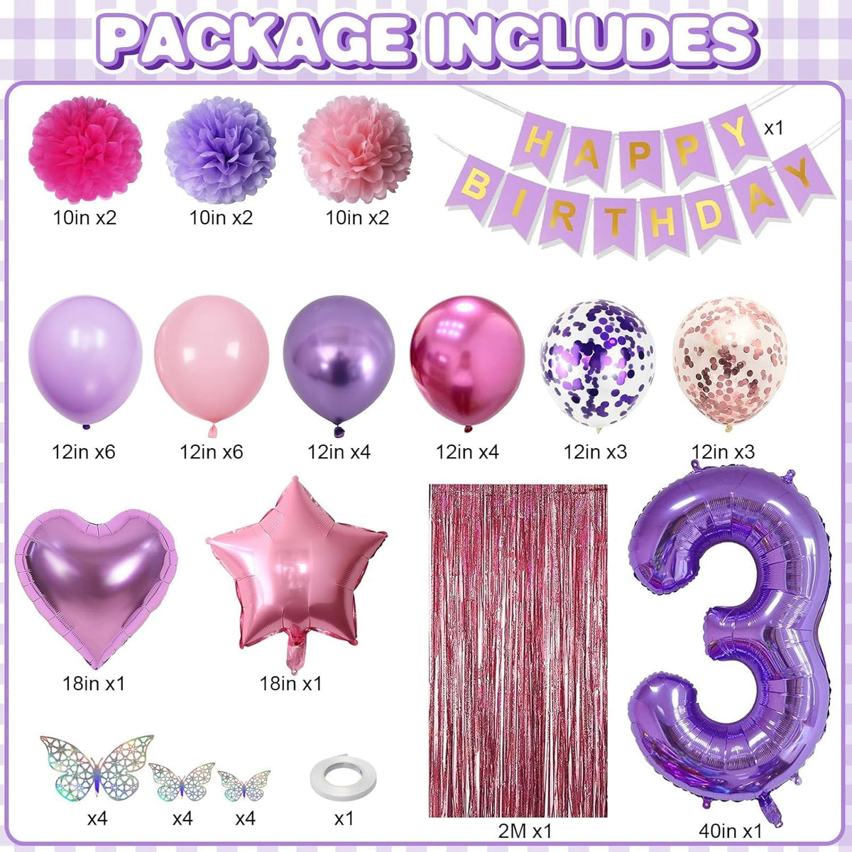 Pink Purple 3rd Birthday Party Decorations for Girls Number 3 Balloon Happy Birthday Banner
