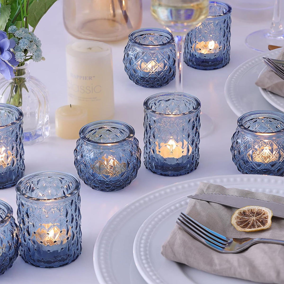 36pcs Assorted Blue Votive Candle Holders, Blue Candle Holders for Wedding Table Decor, Tea Lights