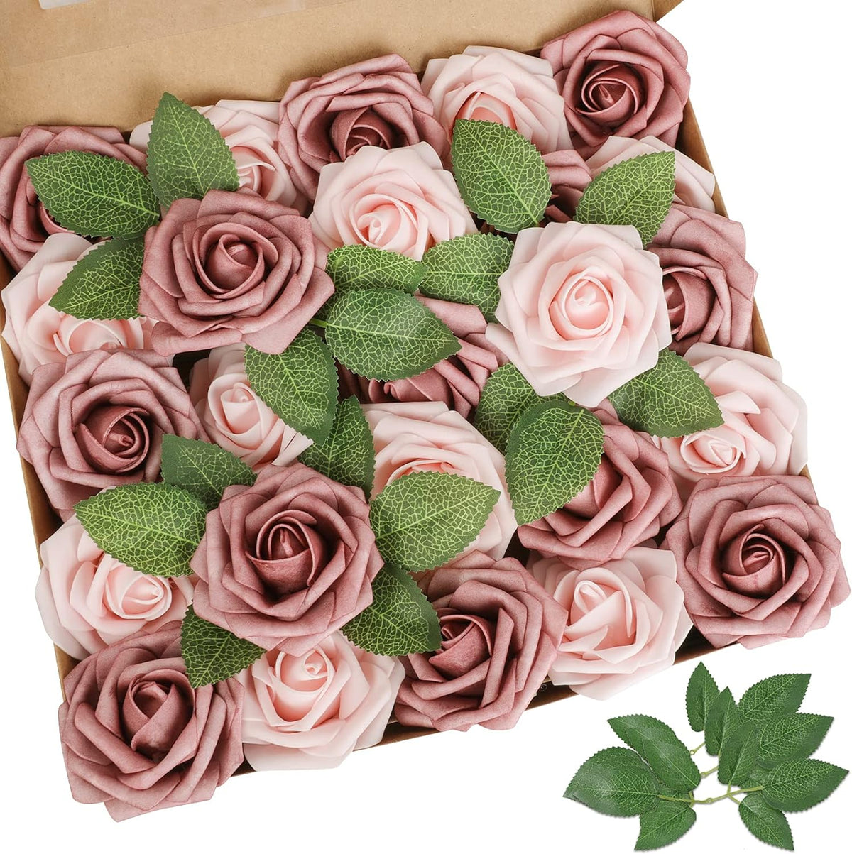 AmyHomie Artificial Flower Warm Taupe & Nude Rose 25pcs Real Looking Fake Roses w/Stem for DIY