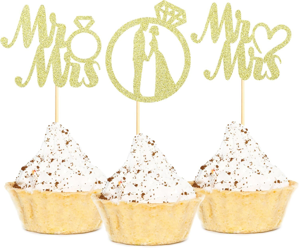 Sotpot 24PCS Miss to Mrs Cupcake Toppers with Ring Gold Glitter for Wedding Bridal Shower Wedding