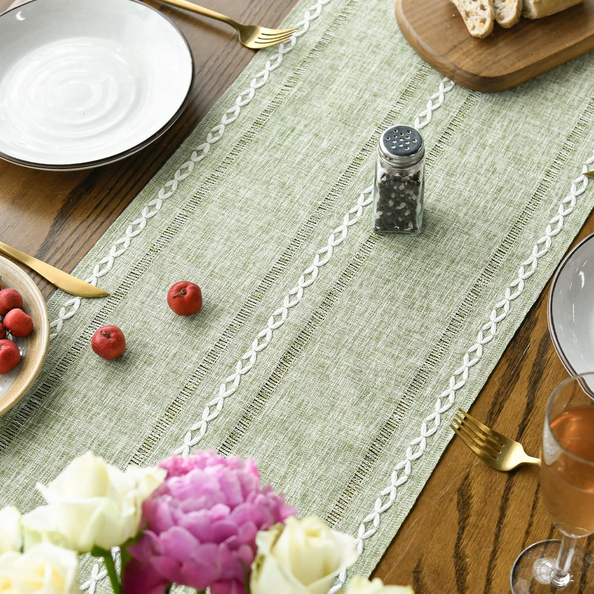 Artoid Mode Sage Green Rustic Cotton Linen Table Runner, Seasonal Embroidered Hollow Kitchen Dining
