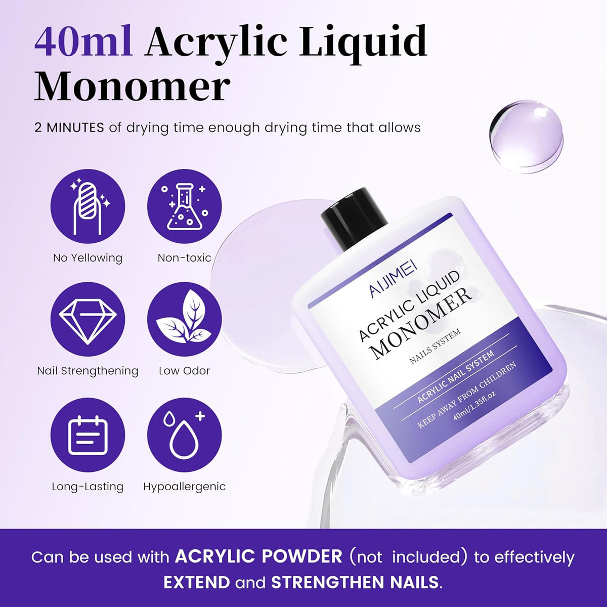 AIJIMEI Acrylic Liquid Monomer for Long Lasting 40ml Acrylic Liquid Professional Nail Art Supplies
