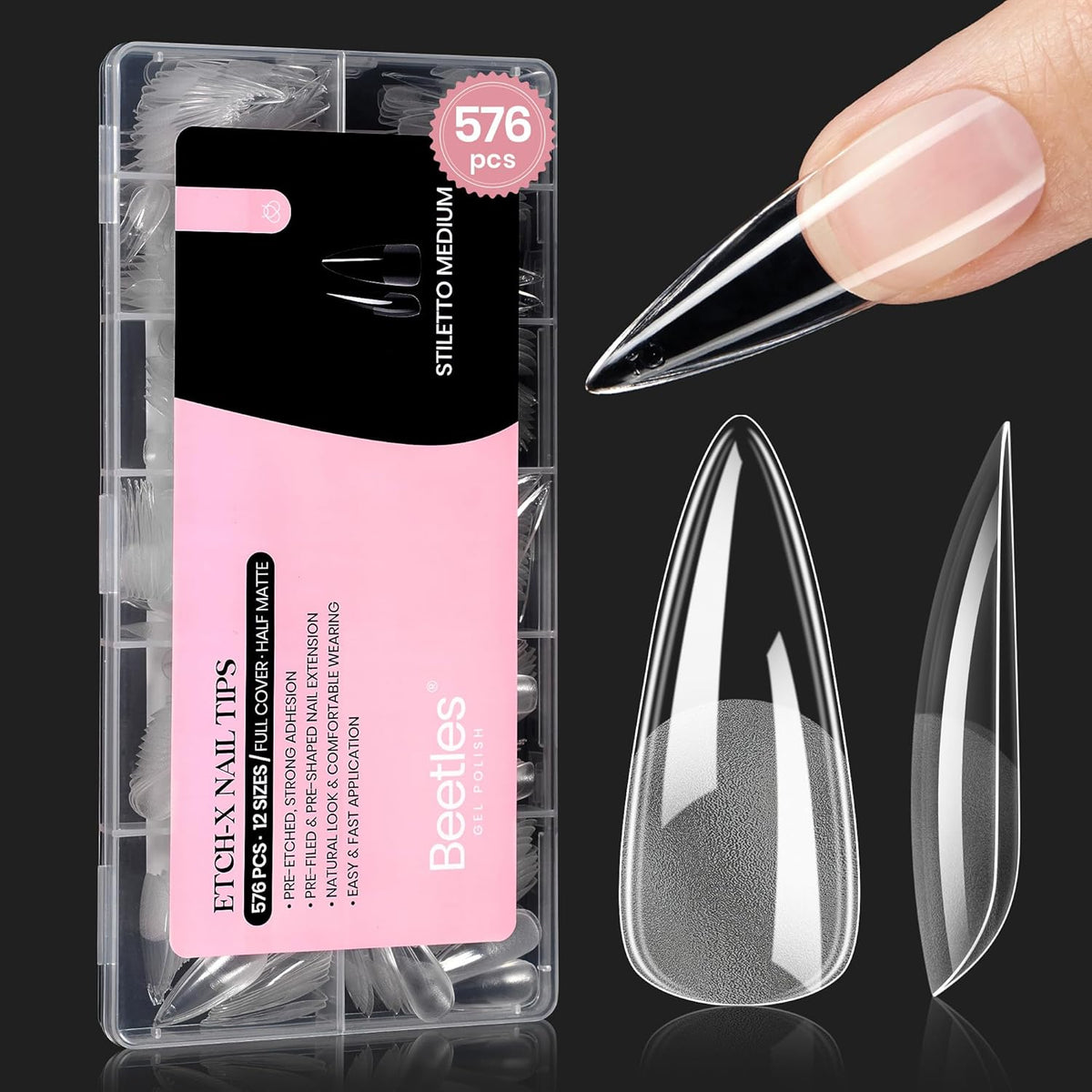 Beetles Gel Nail Tips Etch-X, Stiletto Medium, 576Pcs 12 Sizes, Pre-Etched Half Matte Full Cover