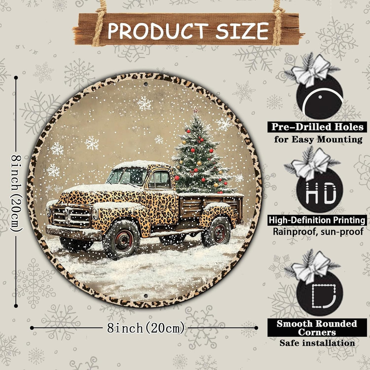 Round Leopard Truck Metal Tin Sign Rustic Wall Decor Christmas Wreath Sign Christmas Wreath Door