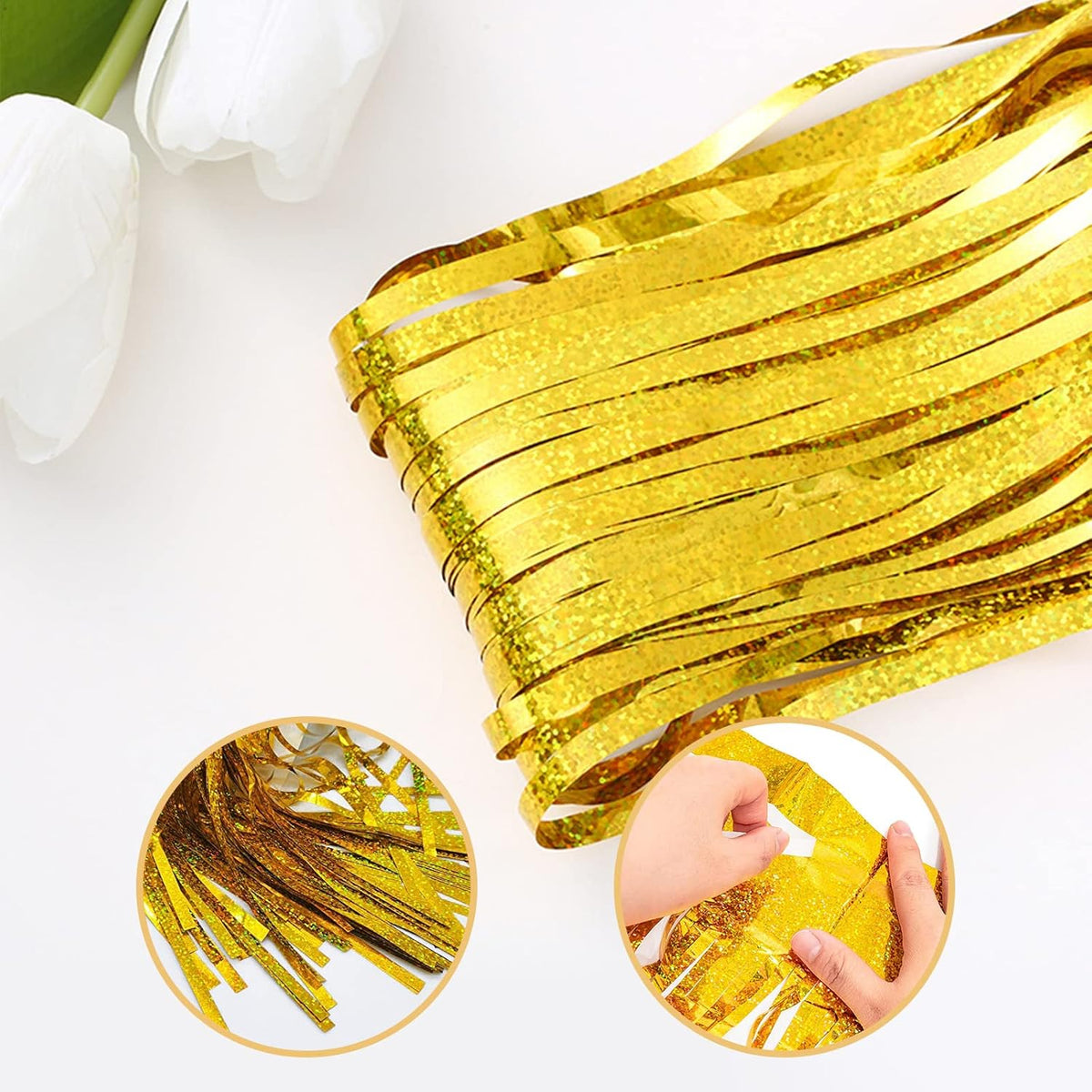 10 Pack Gold Backdrop Curtain 3.2ft x 8.2ft Metallic Tinsel Foil Fringe Curtains Photo Booth