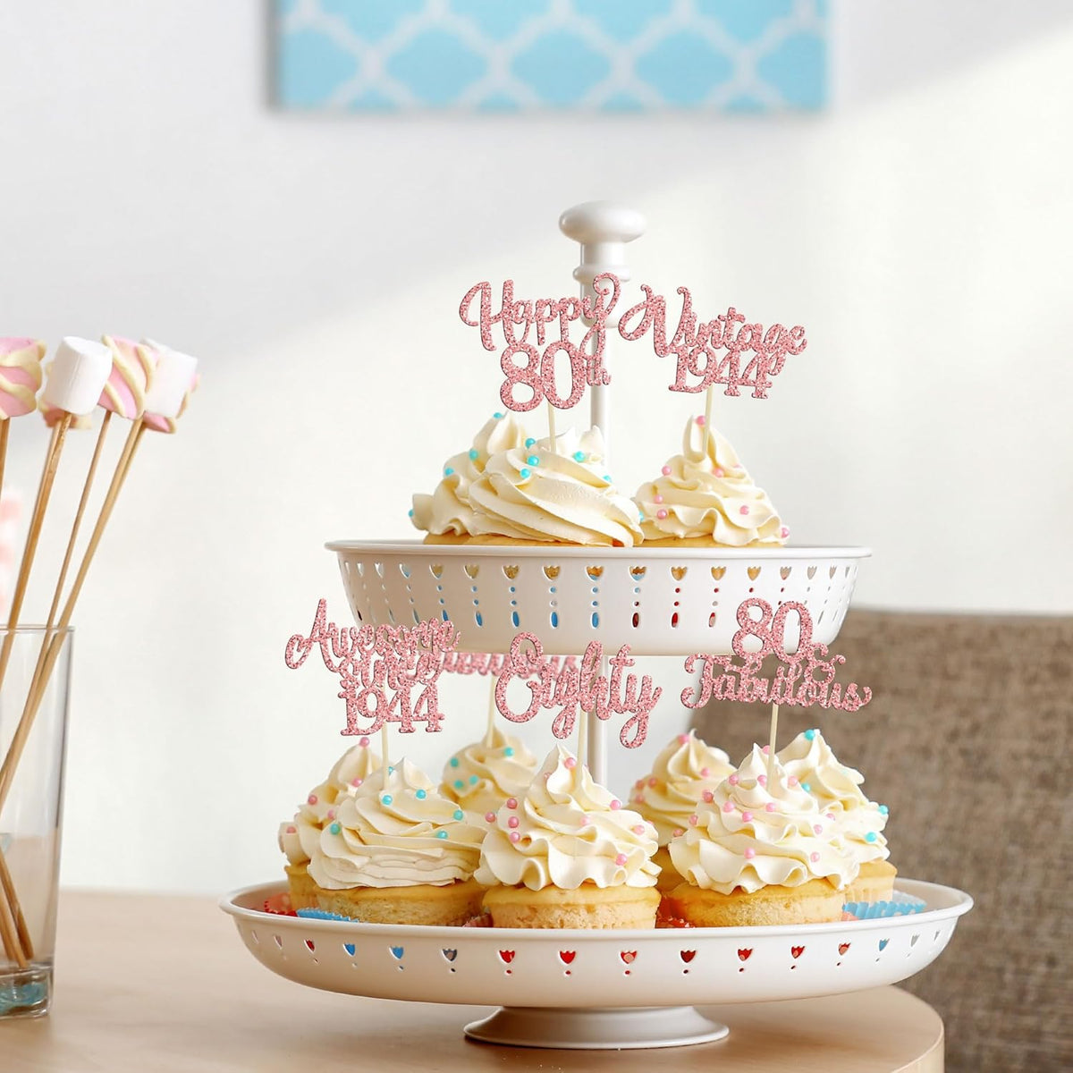30Pcs Vintage 1944 Cupcake Toppers Glitter Eighty 80 Fabulous Happy 80th Birthday Cupcake Picks