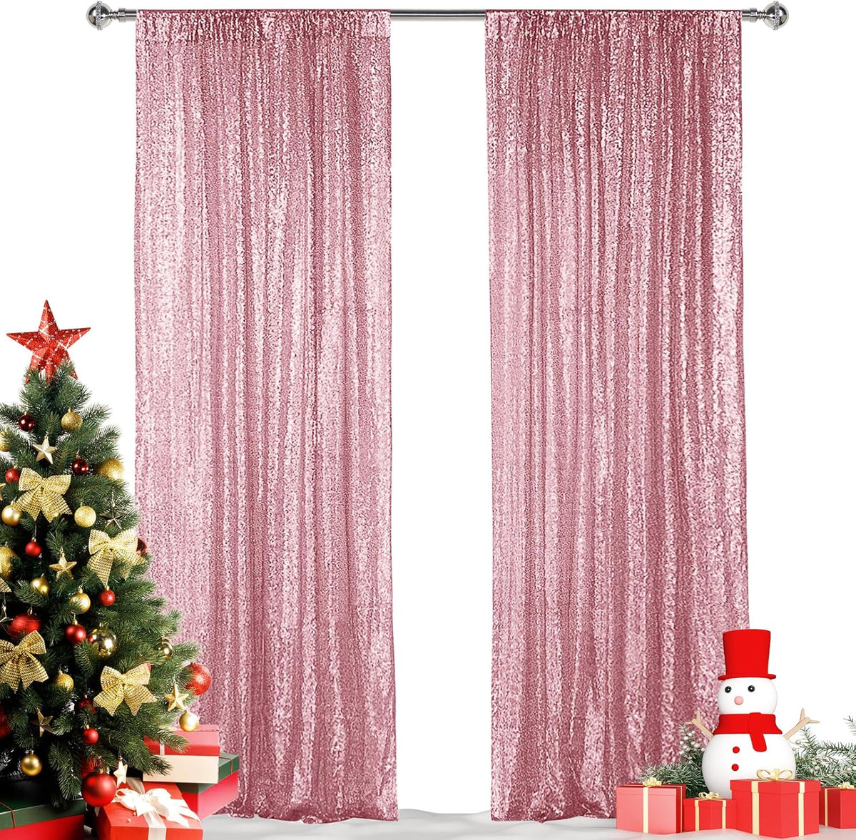 Hahuho Rose Pink Sequin Backdrop Curtain, 2PCS 2FTx8FT Glitter Backdrop Curtain for Parties