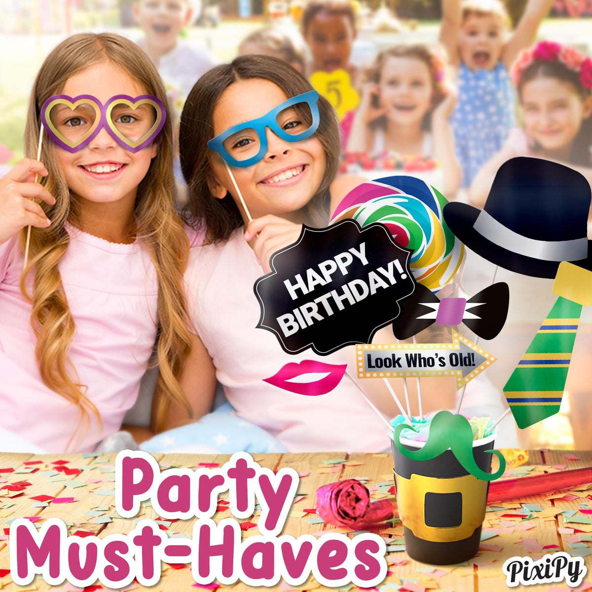 Premium Birthday Photo Booth Props Kit - 54 pc, Multicolored - Happy Birthday Party Fun Photobooth