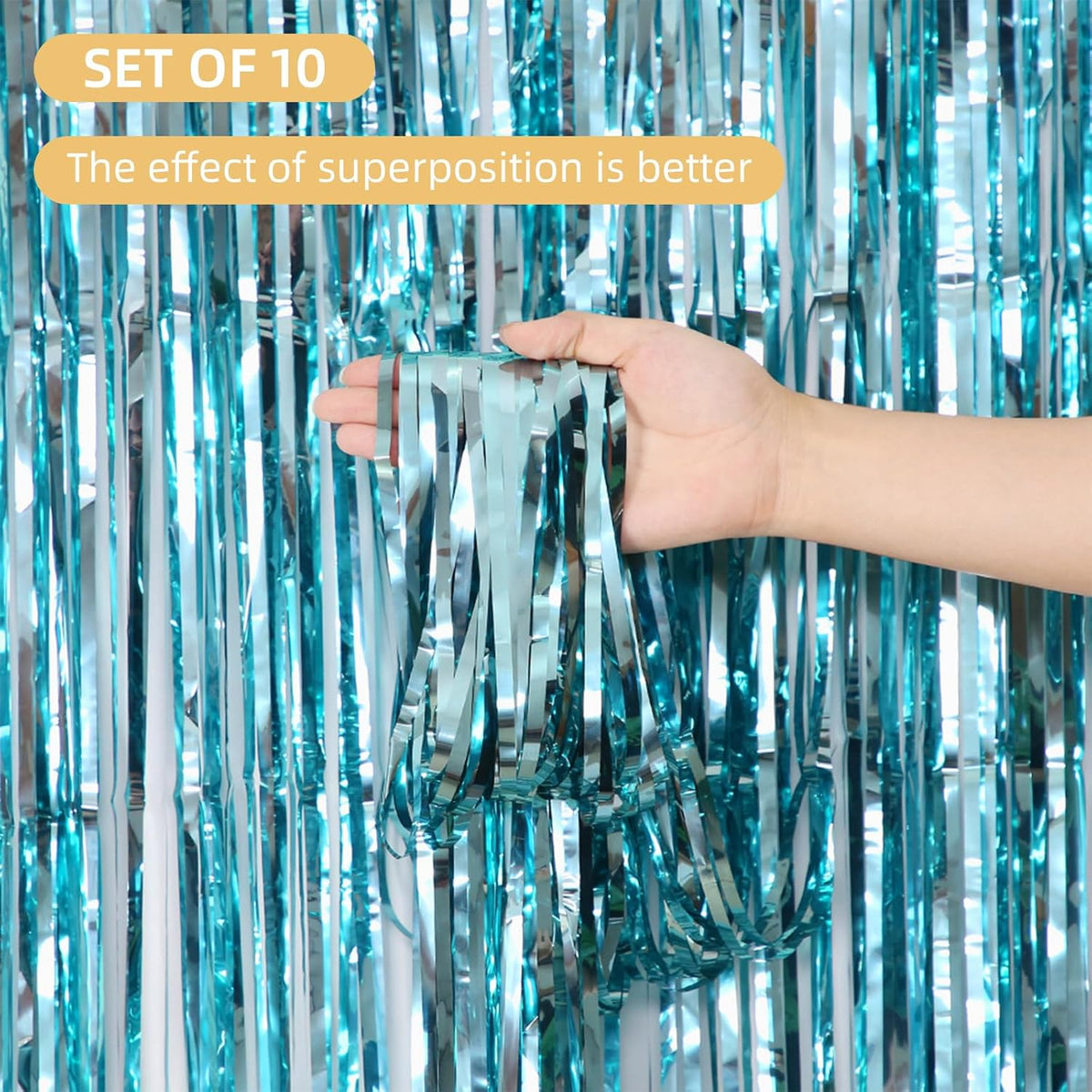 10 Pack Blue Backdrop Curtain 3.2ft x 8.2ft Metallic Tinsel Foil Fringe Curtains Photo Booth