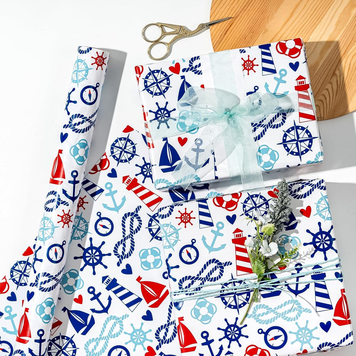 WRAPAHOLIC Nautical Anchors Wrapping Paper Roll - 17 Inch x 33 Feet - Nautical Element Anchor