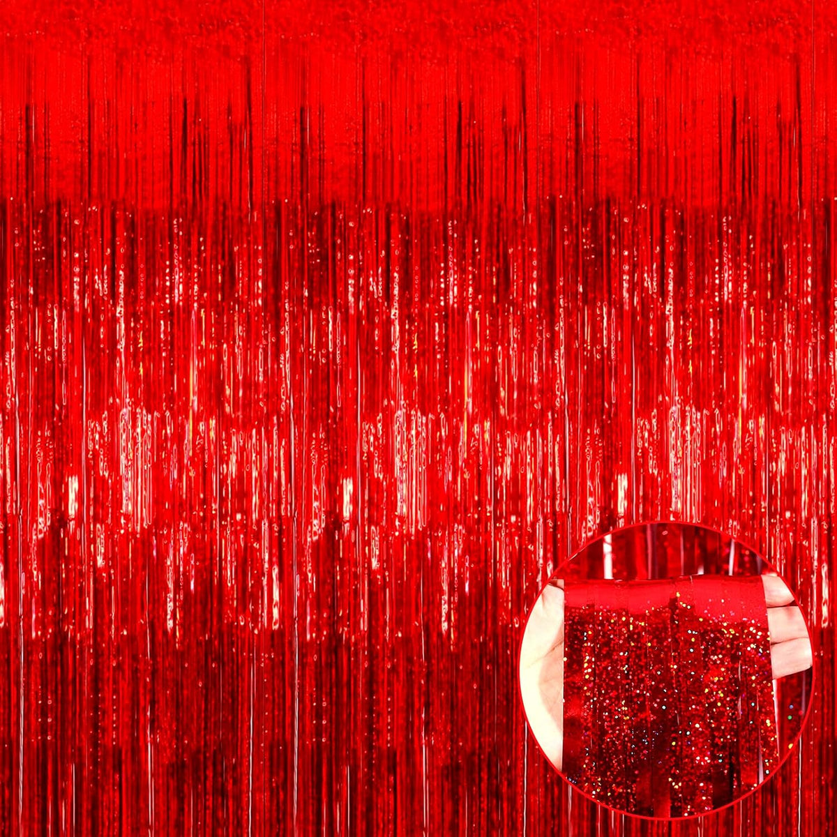 4 Pack Red Tinsel Foil Fringe Curtain Backdrop, 3.28Ft x 8.2Ft Metallic Streamers for Photo Booth