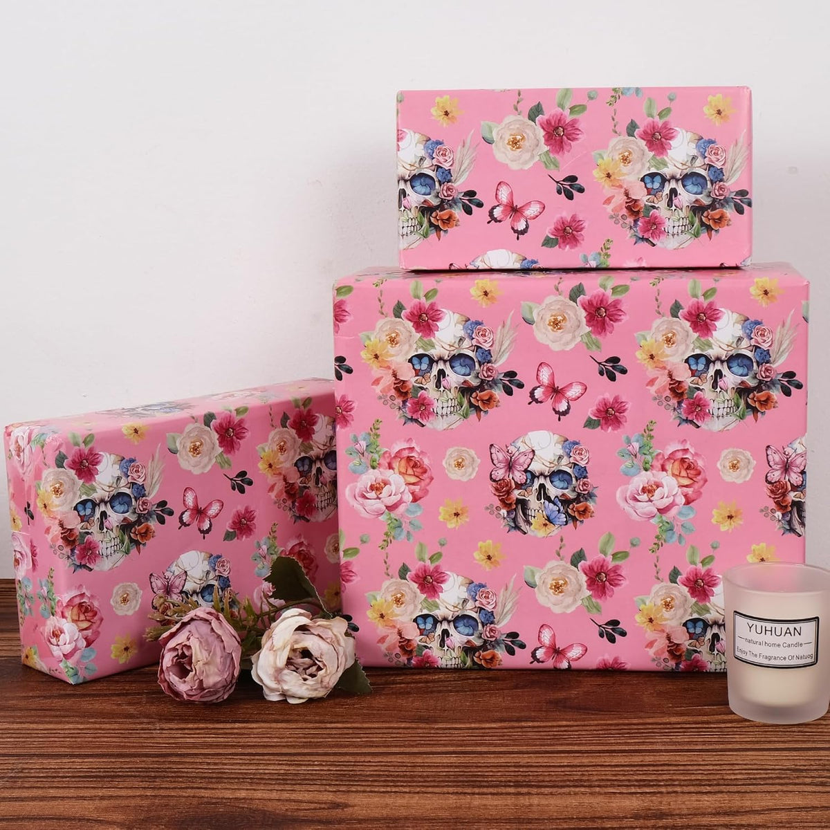 Aimyoo Gothic Wrapping Paper Roll, 17 Inch X 33 Feet Skull Floral Butterfly Design Gift Wrap Paper