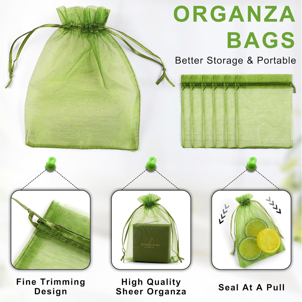 ANZNKU 100 Pack Green Organza Bags 4 x 6 inch Premium Sheer Drawstring Small Mesh Bags for Candy