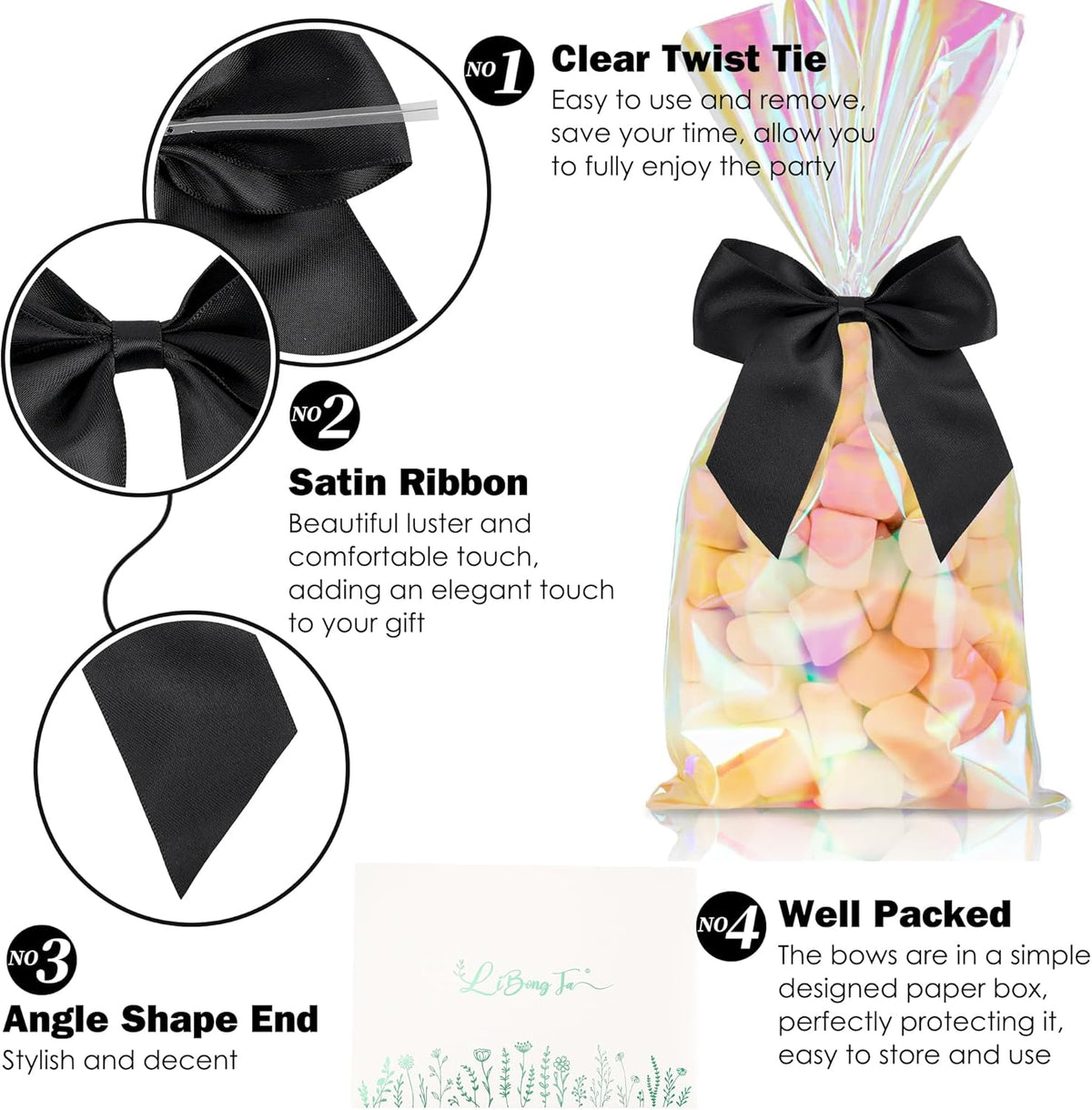 4.5" Satin Ribbon Black Bows for Gift Wrapping, Twist Tie Bows, Cute Bows for Crafts, Party Favors