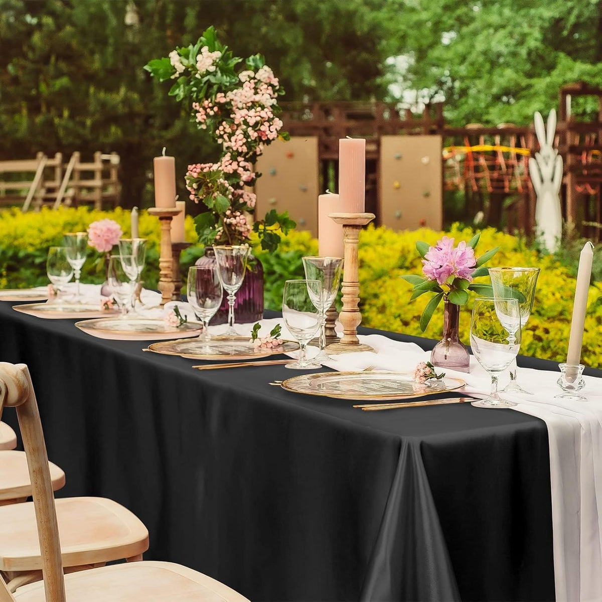 TURSTIN 4 Packs Black Satin Tablecloth 102 x 58 Inch Overlay Satin Table Cover Rectangle Bright