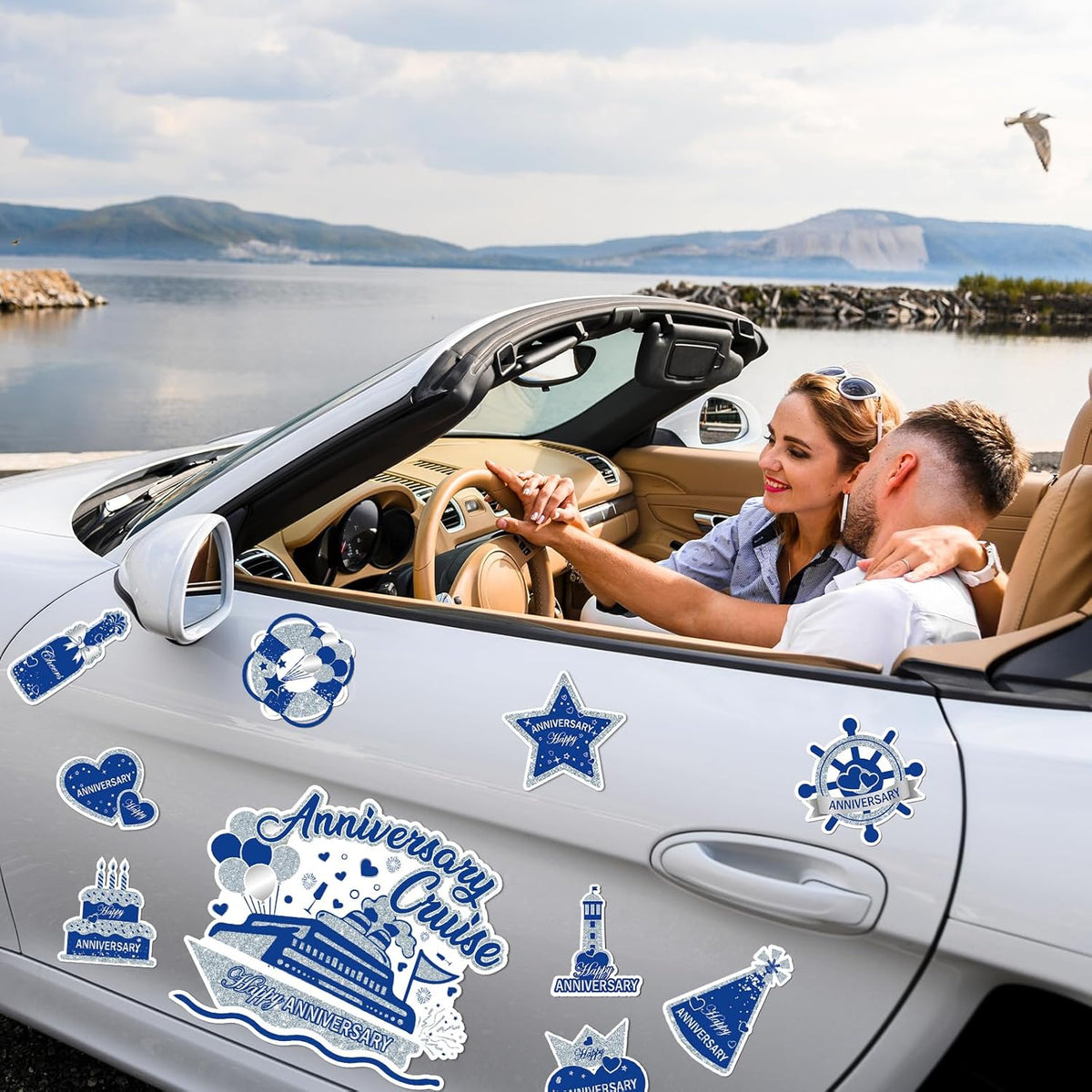 Happy Anniversary Cruise Door Magnets Decorations, Blue Silver Happy Anniversary Cruise Ship Door