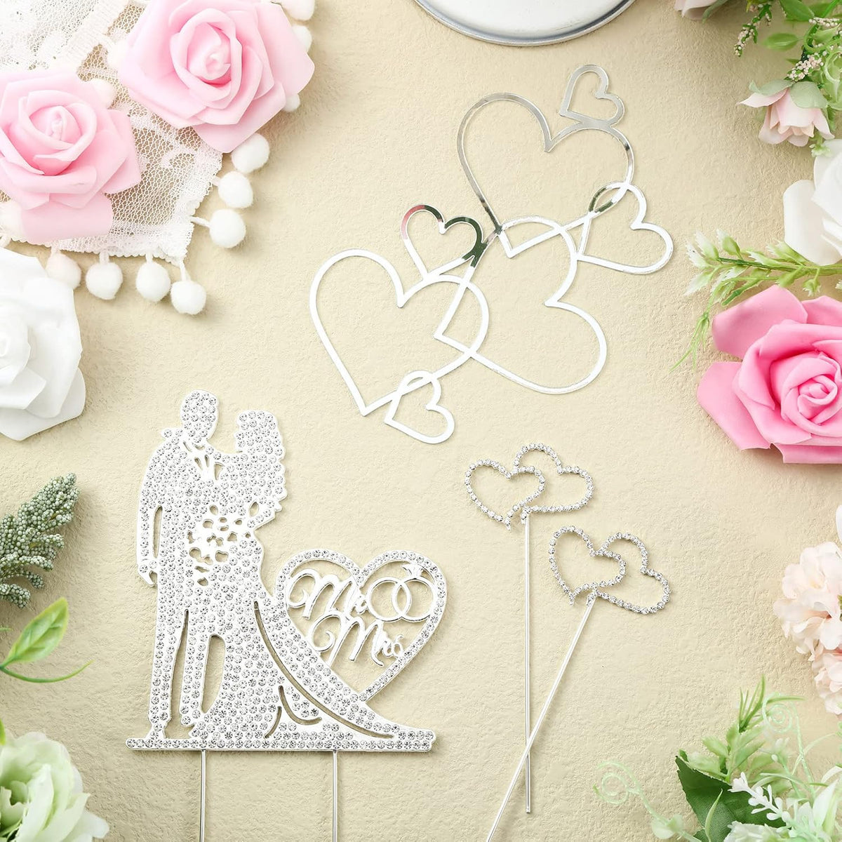 Spiareal 4 Pcs Wedding Cake Topper Mr and Mrs Rhinestone Bride and Groom Love Cake Topper Metal