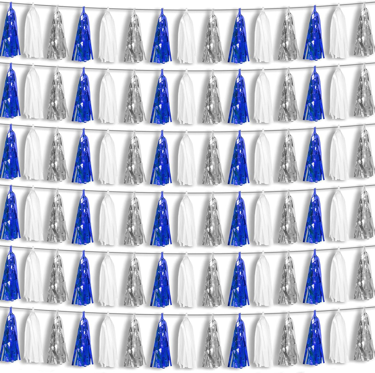 6P Navy-Blue White-Silver Tassel Garland Banner, Tassels Banner Streamers for Parade Floats