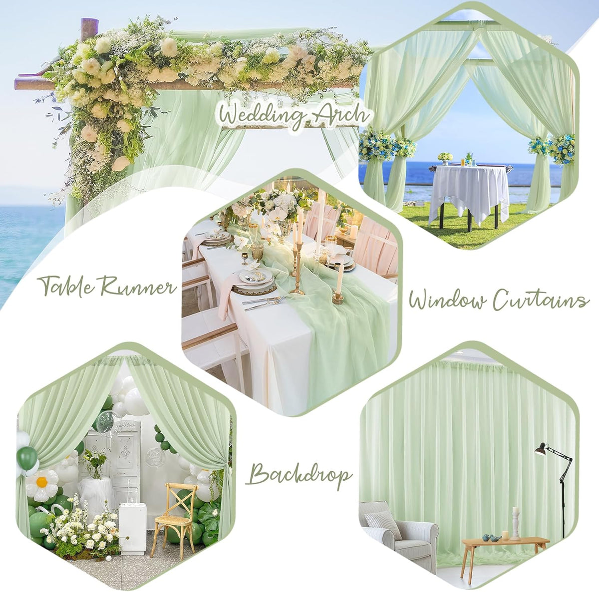 PARTISKY 10x10ft Sage Green Chiffon Sheer Backdrop Curtains, Wrinkle-Free Wedding Backdrop Drapes