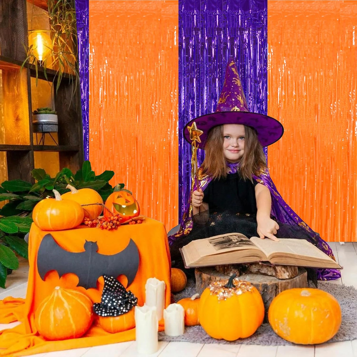 BEISHIDA 2Pcs Orange Purple Door Streamer Happy Halloween Backdrop Foil Fringe Tinsel Horry Party