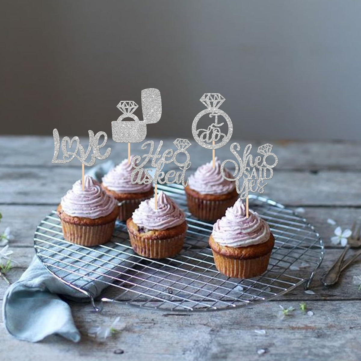 30 PCS He Asked She Said Yes Cupcake Toppers Diamond Ring Cupcake Picks Love I Do Bridal Shower