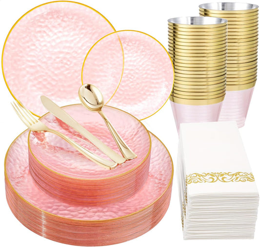 Rubtlamp 175 Pcs Pink Plastic Plates Dinnerware Set (25 Guests), Pink Disposable Plates With Gold