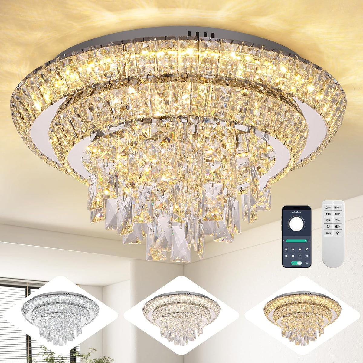18 inch Crystal Silver Ceiling-Light Flush Mount with Remote Control and APP, 3CCT Dimmable &