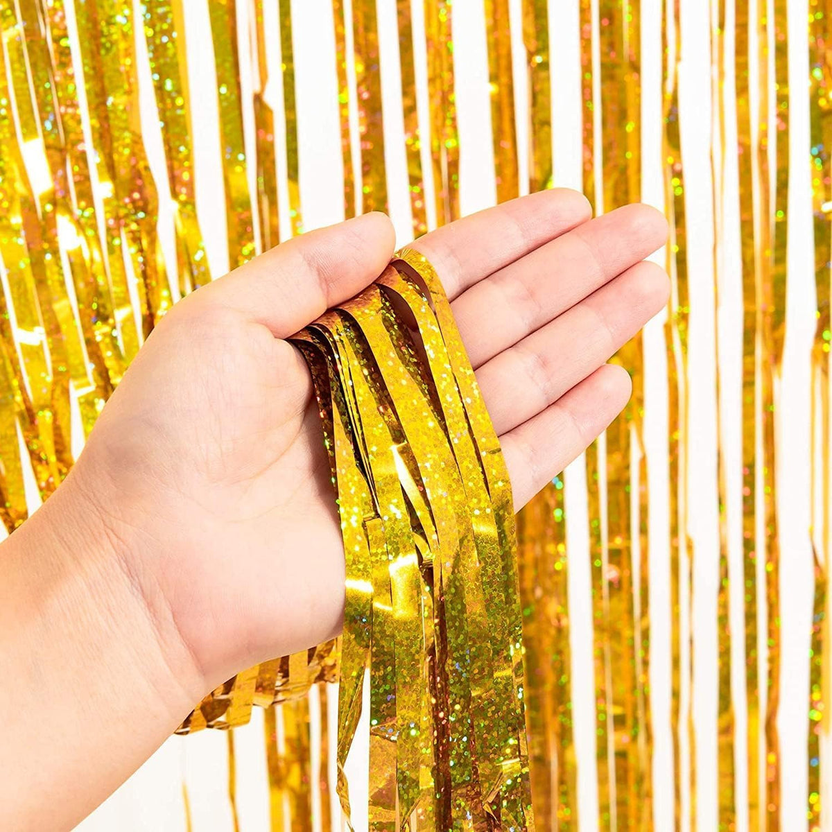 BRAVESHINE Gold Tinsel Foil Fringe Curtains - 2Pcs 3.2x8.2ft Holidays Photo Backdrop for Men 60th