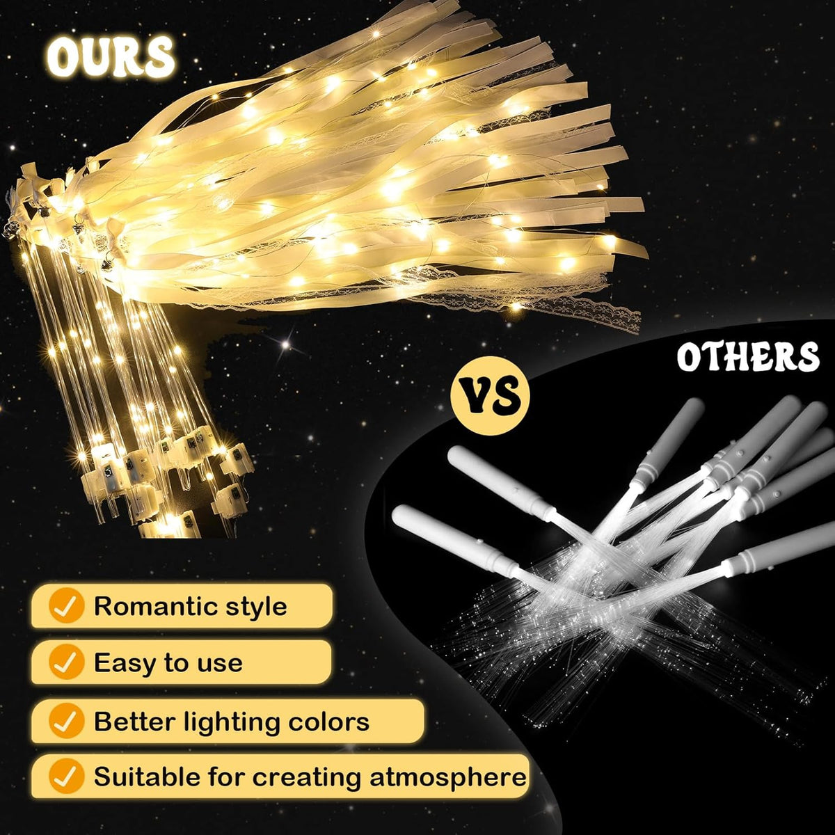 50 Pcs Wedding Wands Ribbon Streamers with 3 Colorful Flashing Modes, Light up LED Silk Fairy