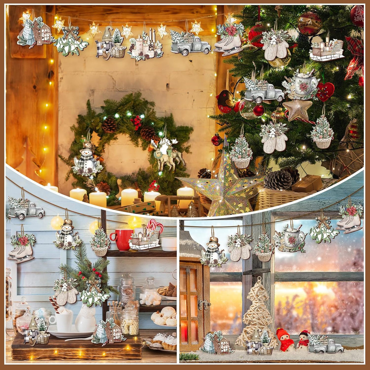 Suzile 36 Pcs Christmas Wooden Ornaments Vintage Christmas Tree Ornaments Xmas Decorations for Tree