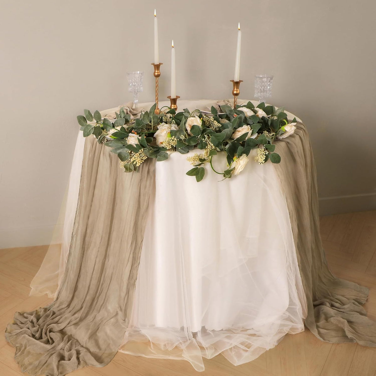 Snowkingdom 6PCS 10 FT Nude Brown Cheesecloth Table Runner, 120 inch Long Cheese Cloth Boho Rustic