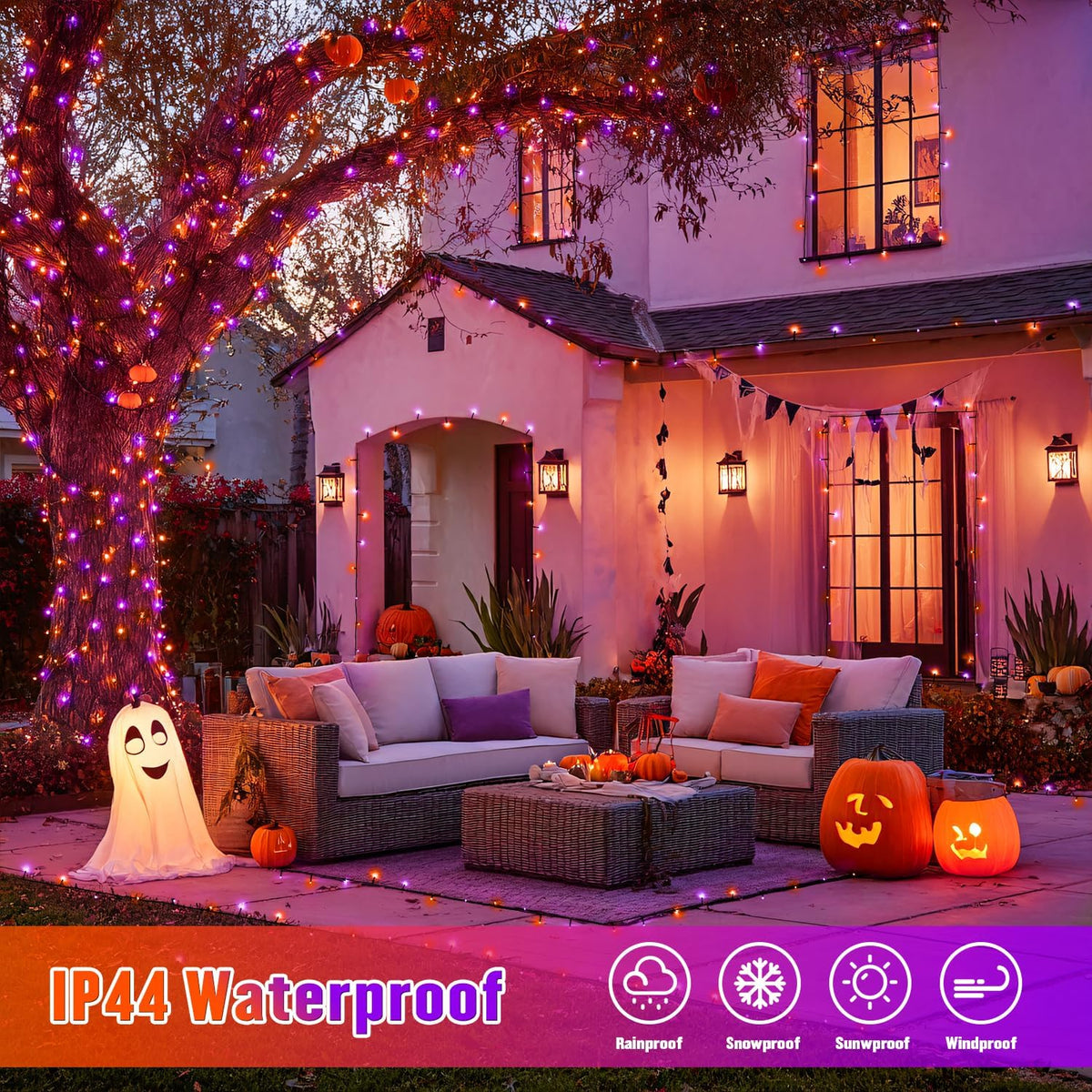 JMEXSUSS Orange and Purple Solar Halloween Lights, 2 Pack Each 100 Led Solar String Lights Outdoor