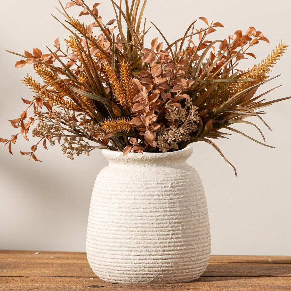 Ceramic Flower Vase, 7.48 Inch White Rustic Farmhouse Decorative Vase Pottery Wide-Mouth Vases for