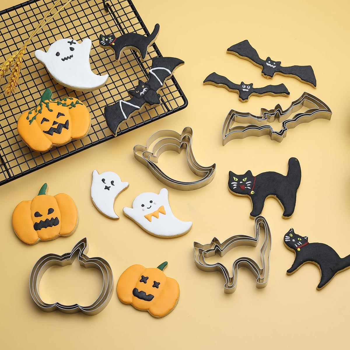 Halloween Cookie Cutters Set 12 Pcs, Stainless Steel Holiday Cookie Cutters Shape, 5.15” Bat, 3.54”