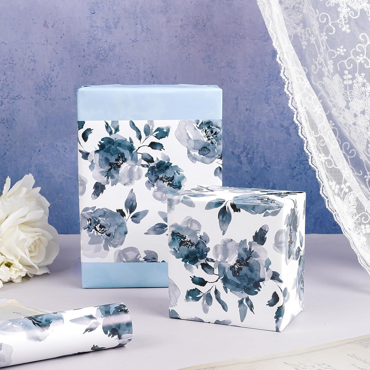 RUSPEPA Reversible Floral Wrapping Paper for Girls Women, Mini Roll, Watercolor Blue Floral and
