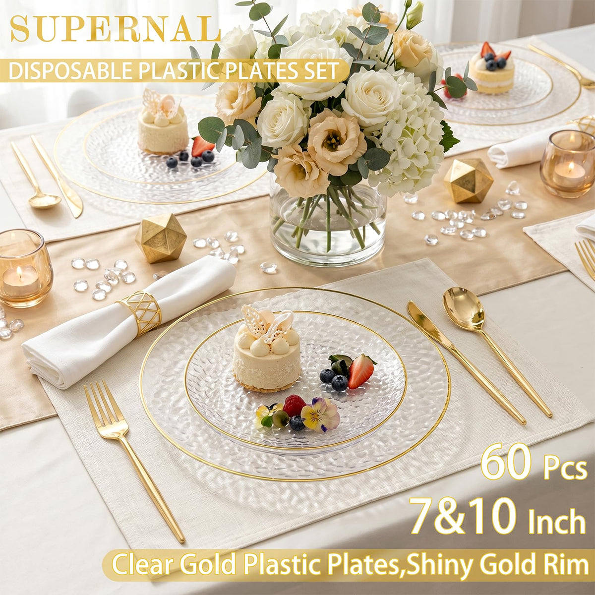 Rubtlamp 60Pcs Clear Plastic Plates,Clear Disposable Plates With Gold Rim,Heavy-duty Gold