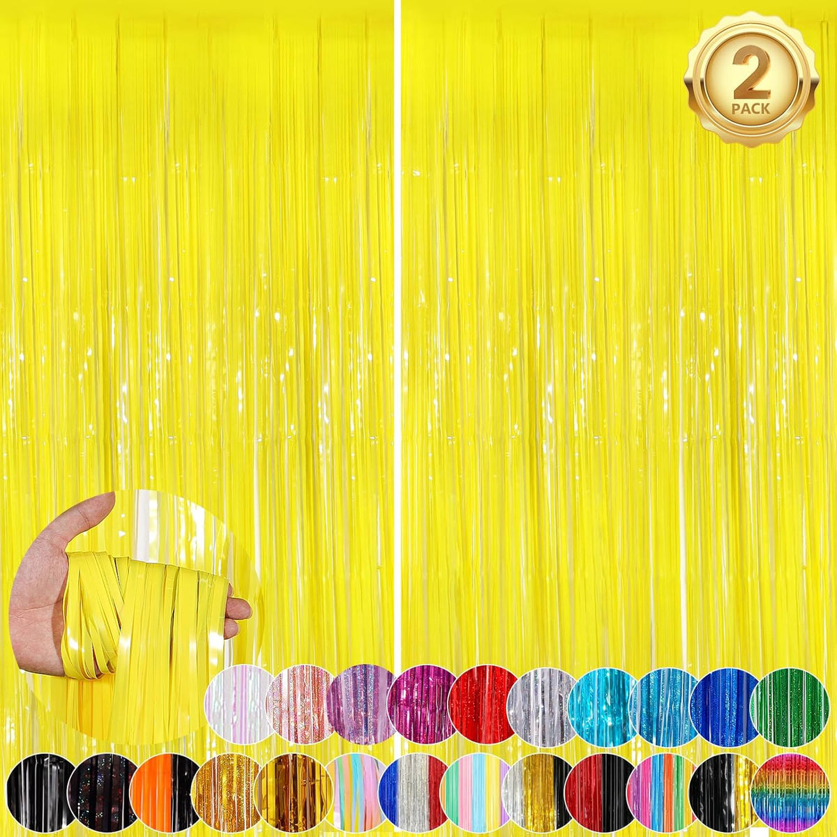 Macaron Yellow Metallic Tinsel Foil Fringe Curtains, 2Pack 3.3x8.3 Feet Streamer Backdrop Curtains