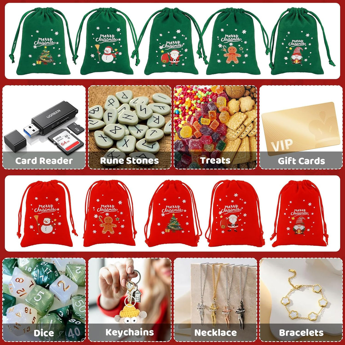 Tapleap Christmas Bags with Drawstring - 50Pcs 3x4 Red and Green Velvet Cloth for Wrapping Dice
