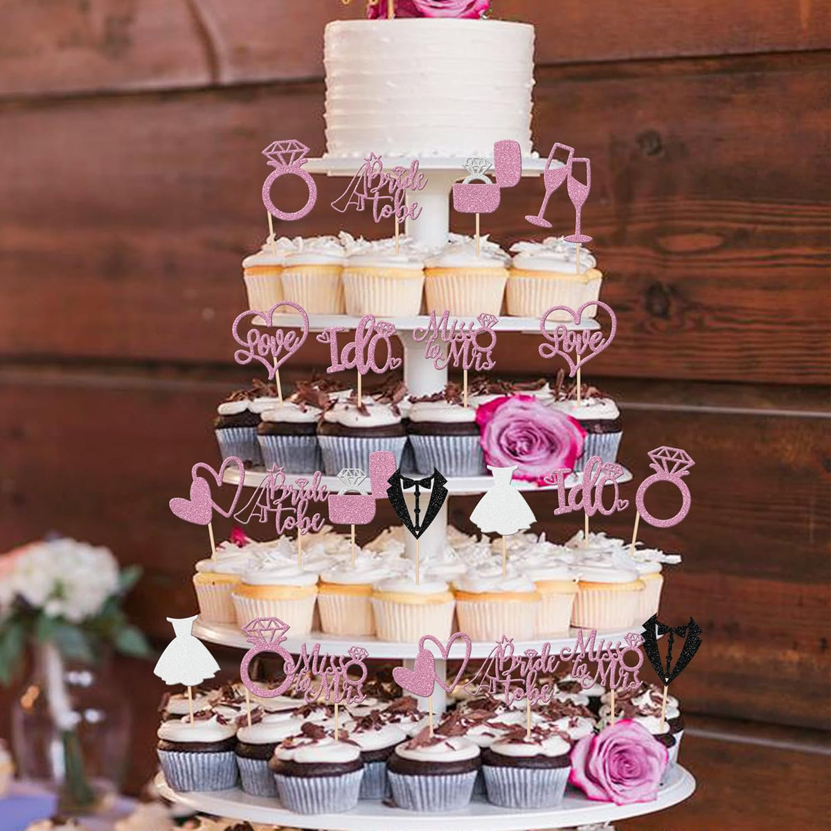 30 PCS Bride to Be Cupcake Toppers Glitter Miss to Mrs I Do Love Heart Ring Cupcake Picks Wedding