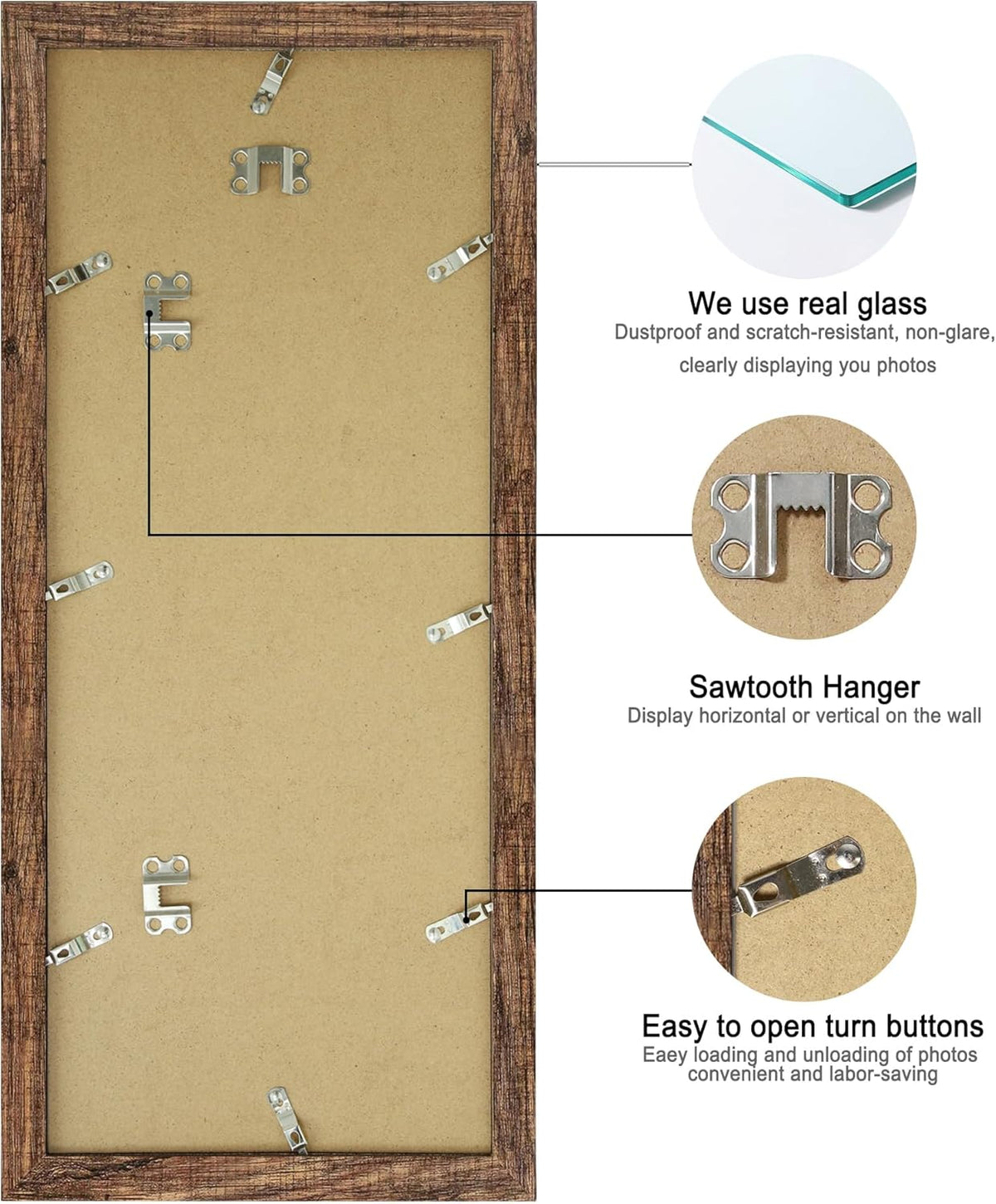 8x20 Picture Frame Set of 2, Rustic Brown Wood Frame with Tempered Glass Collage Frame, Display