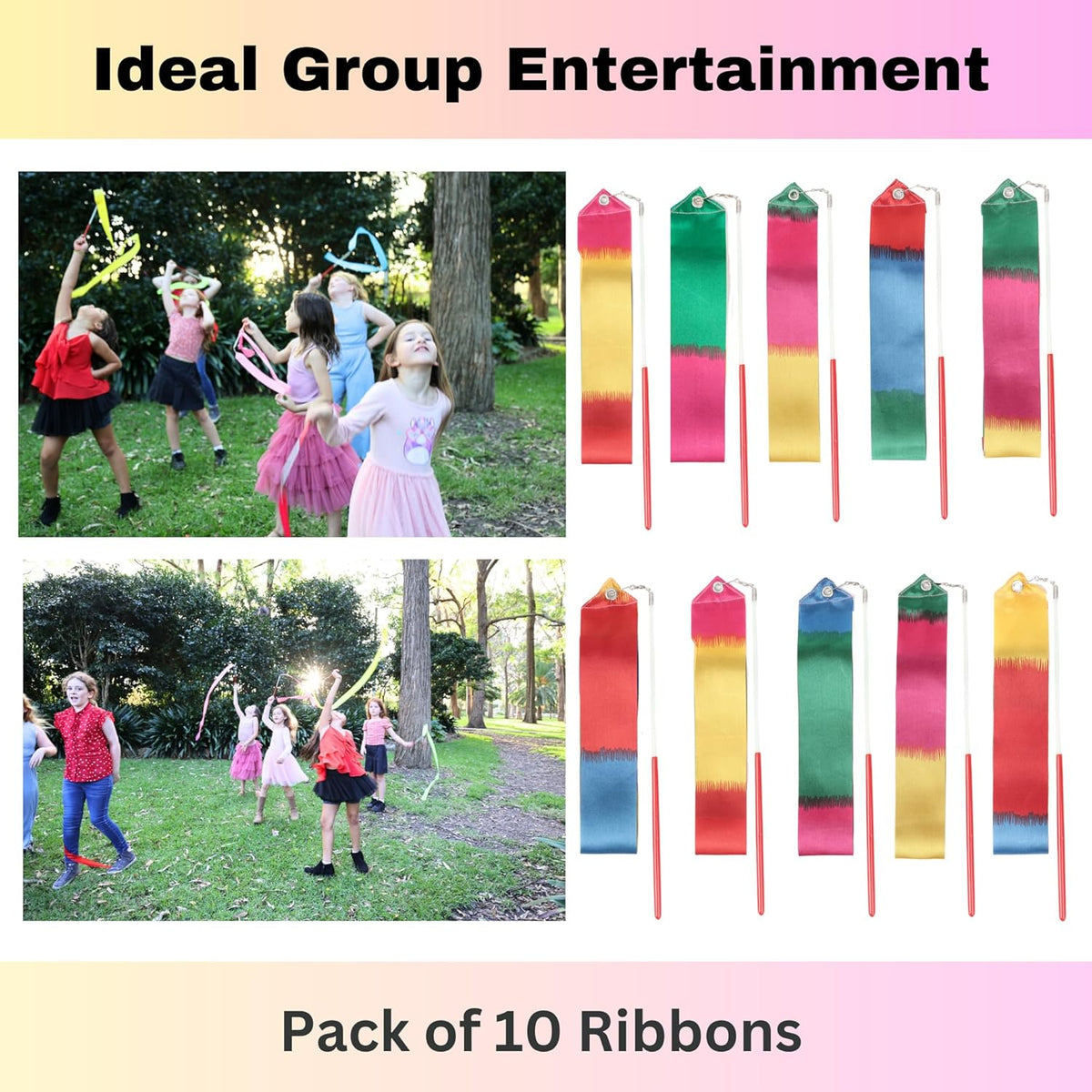 Dance Wands Ribbon Pack, Party Favors for Girls Goodie Bags, Outdoor Kids Rainbow Birthday Party