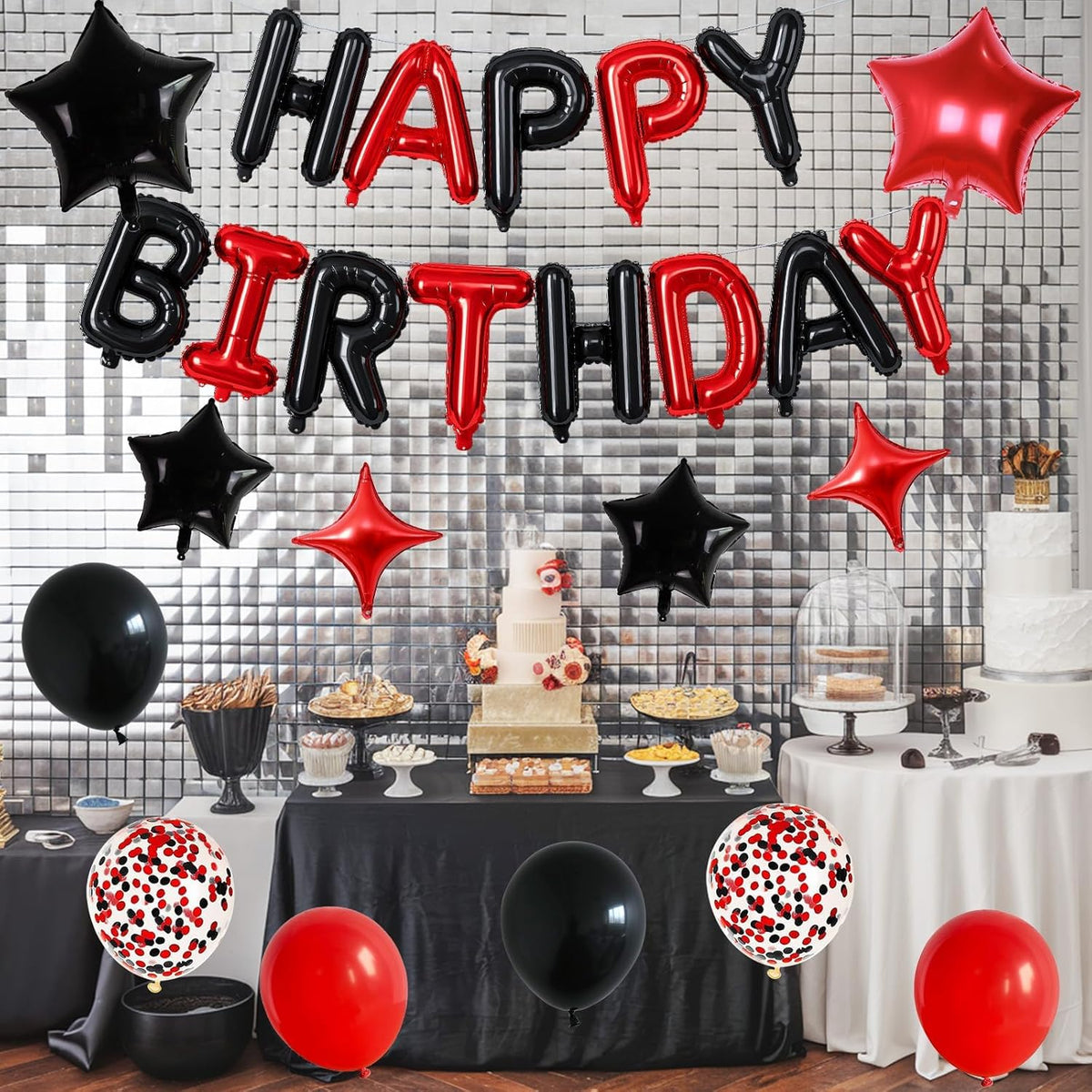 Happy Birthday Balloon Banner Red and Black, 16 Inch Mylar Foil Letter Balloons, Reusable Birthday