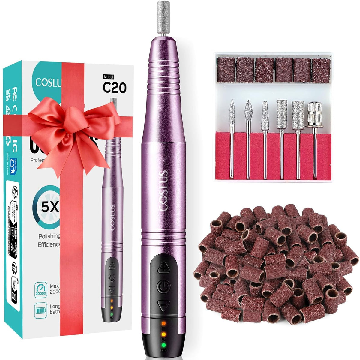 COSLUS Cordless Nail Drill Electric File: Professional for Acrylic Gel Dip Powder Nails Portable
