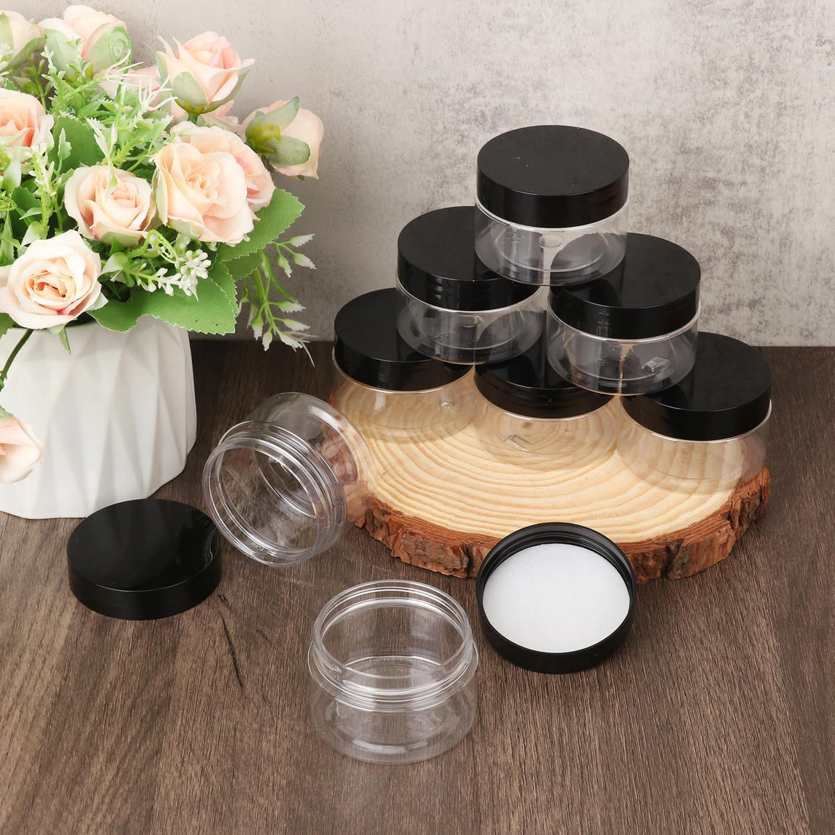 110 Packs 2 OZ Transparent Plastic Jars with black Lids, Body Butter Containers, Cosmetic