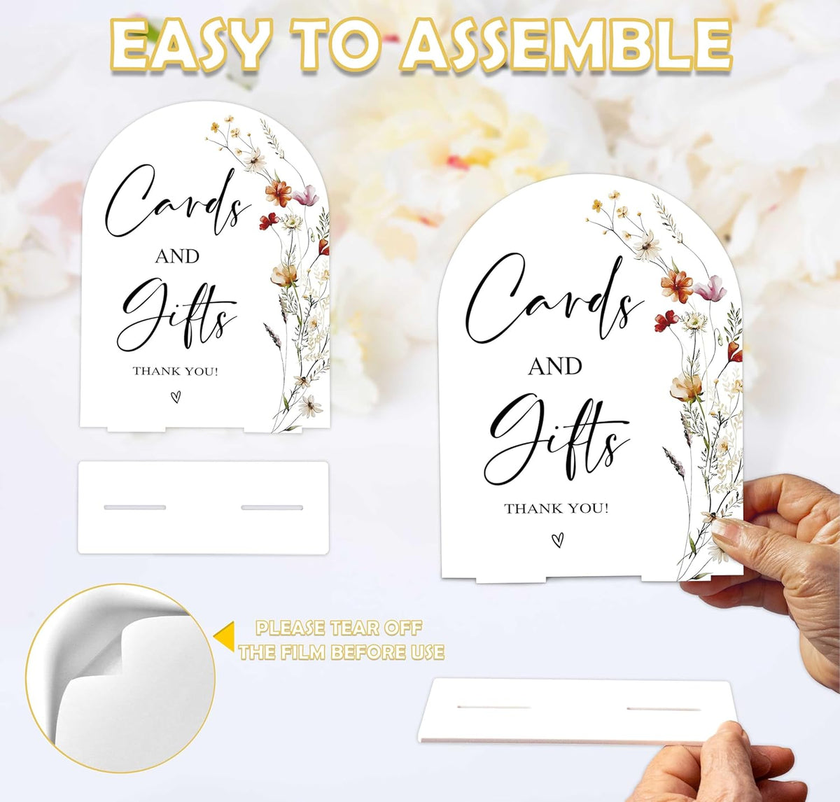 Boho Floral Cards and Gifts Sign, 6 x 8 Inch White Arch Acrylic Wedding Sign with Holder, Wedding